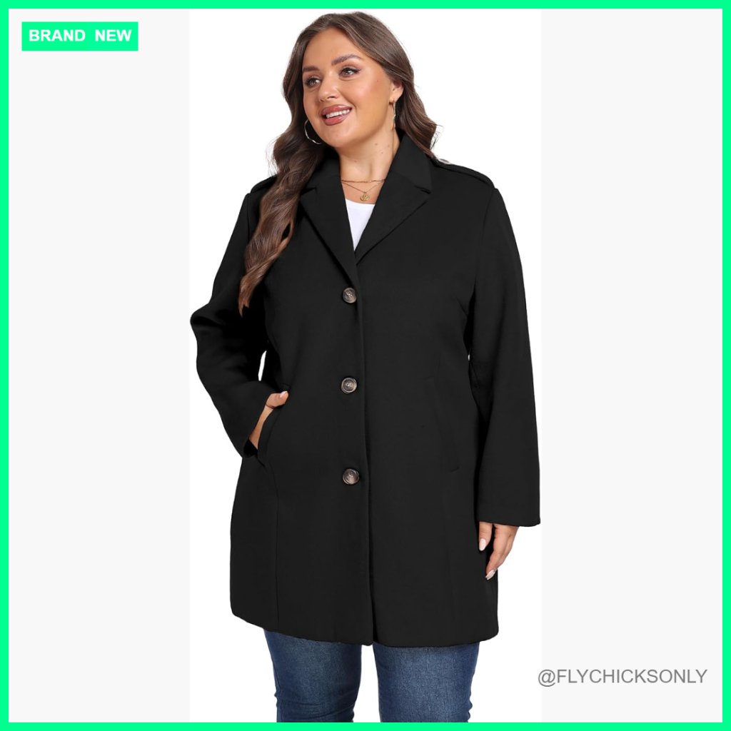 Polyester Pea Coat With Notched Lapel, Long Sleeve, Classic Fit
